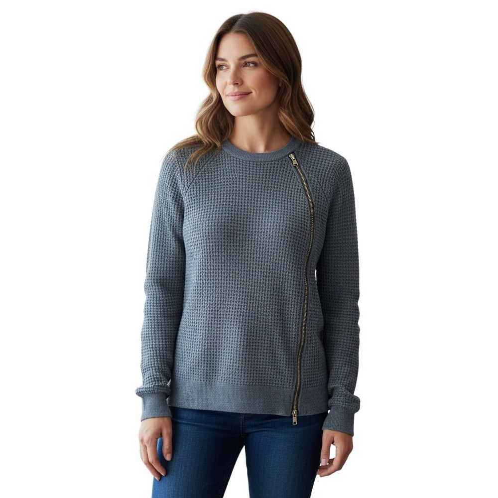 Vince Textured Knit leather Asymmetrical zip navy sweater Womens XS - Picture 1 of 9